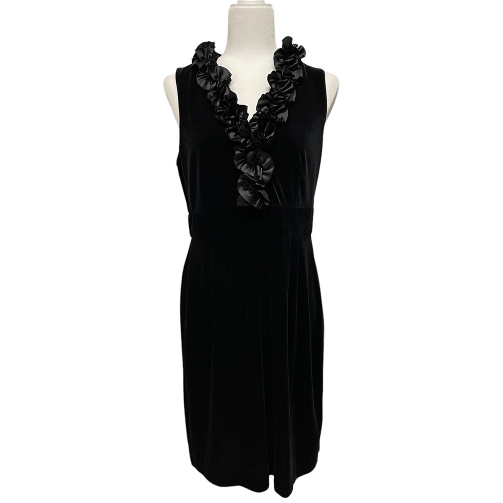 London Times 10 Black Velvet Knit Sleeveless Sheath Dress V-neck Lined 58142